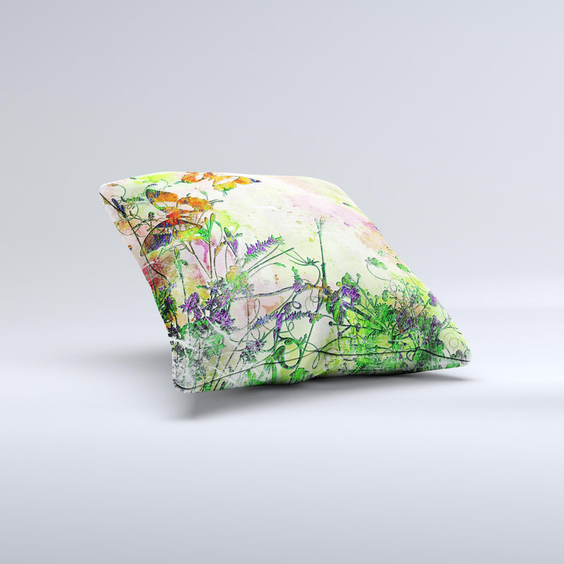 Green Bright Watercolor Floral Ink-Fuzed Decorative Throw Pillow