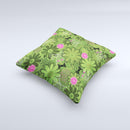 Green Retro Floral and Skulls Ink-Fuzed Decorative Throw Pillow