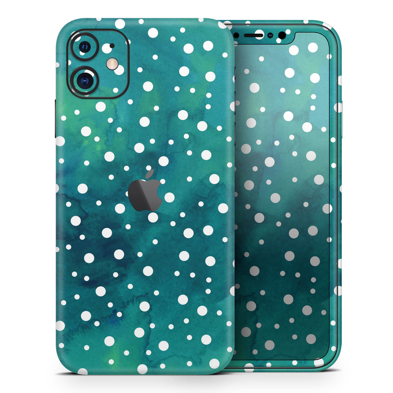 Green and White Watercolor Polka Dots - Skin-Kit compatible with the Apple iPhone 13, 13 Pro Max, 13 Mini, 13 Pro, iPhone 12, iPhone 11 (All iPhones Available)