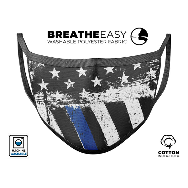 Grunge Patriotic American Flag with Thin Blue Line - Made in USA Mouth Cover Unisex Anti-Dust Cotton Blend Reusable & Washable Face Mask with Adjustable Sizing for Adult or Child