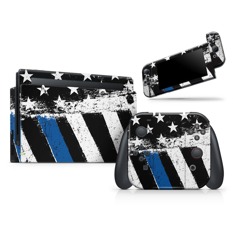 Grunge Patriotic American Flag with Thin Blue Line 2 - Skin Wrap Decal for Nintendo Switch Lite Console & Dock - 3DS XL - 2DS - Pro - DSi - Wii - Joy-Con Gaming Controller
