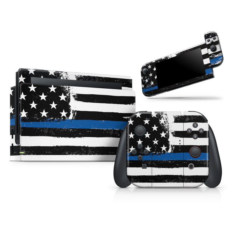 Grunge Patriotic American Flag with Thin Blue Line V2 - Skin Wrap Decal for Nintendo Switch Lite Console & Dock - 3DS XL - 2DS - Pro - DSi - Wii - Joy-Con Gaming Controller
