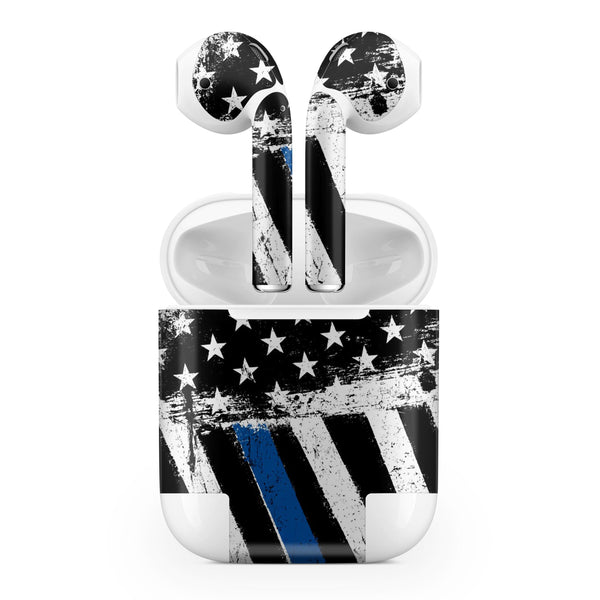 Grunge Patriotic American Flag with Thin Blue Line - Full Body Skin Decal Wrap Kit for the Wireless Bluetooth Apple Airpods Pro, AirPods Gen 1 or Gen 2 with Wireless Charging