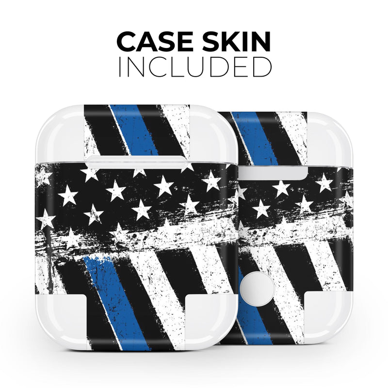 Grunge Patriotic American Flag with Thin Blue Line - Full Body Skin Decal Wrap Kit for the Wireless Bluetooth Apple Airpods Pro, AirPods Gen 1 or Gen 2 with Wireless Charging