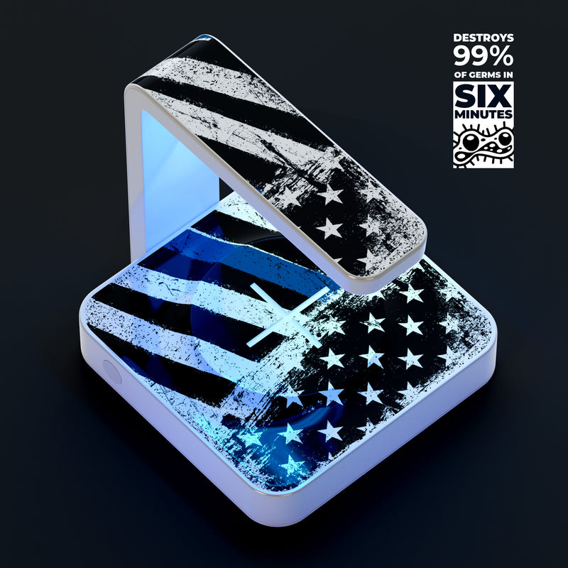 Grunge Patriotic American Flag with Thin Blue Line UV Germicidal Sanitizing Sterilizing Wireless Smart Phone Screen Cleaner + Charging Station