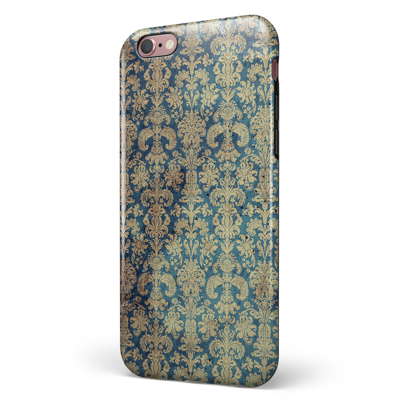 Grungy Blue and Tan Rococo Pattern iPhone 6/6s or 6/6s Plus 2-Piece Hybrid INK-Fuzed Case