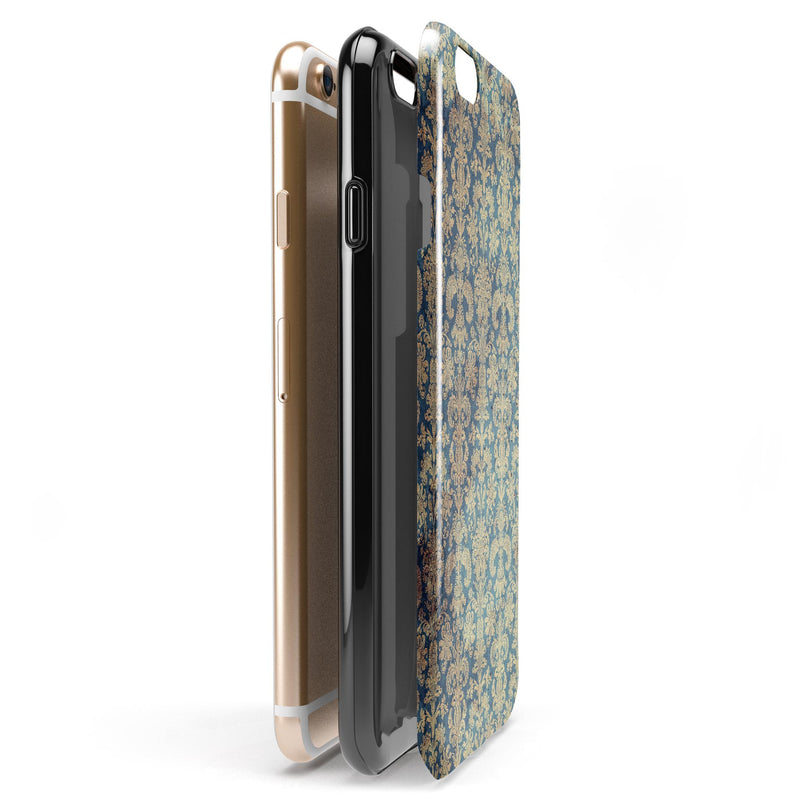 Grungy Blue and Tan Rococo Pattern iPhone 6/6s or 6/6s Plus 2-Piece Hybrid INK-Fuzed Case