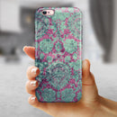 Grungy Teal and Pink Damask Pattern iPhone 6/6s or 6/6s Plus 2-Piece Hybrid INK-Fuzed Case