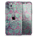 Grungy Teal and Pink Damask Pattern  - Protective Skin Wrap & Decal – Compatible with iPhone SE to iPhone 17 Pro Max (All Models)