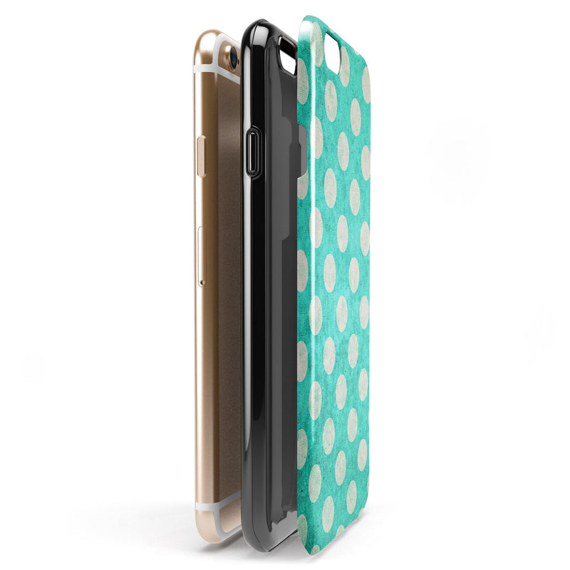 Grungy Teal and White Polka Dots iPhone 6/6s or 6/6s Plus 2-Piece Hybrid INK-Fuzed Case