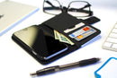 The Vibrant Blue Butterfly Plaid Ink-Fuzed Leather Folding Wallet Credit-Card Case for the Apple iPhone 6/6s, 6/6s Plus, 5/5s and 5c