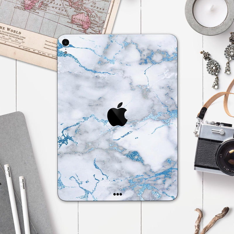 Marble & Digital Blue Frosted Foil V3 - Full Body Skin Decal for the Apple iPad Pro 12.9", 11", 10.5", 9.7", Air or Mini (All Models Available)