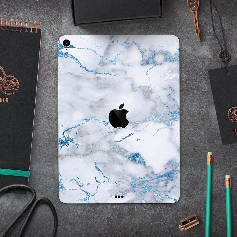 Marble & Digital Blue Frosted Foil V3 - Full Body Skin Decal for the Apple iPad Pro 12.9", 11", 10.5", 9.7", Air or Mini (All Models Available)