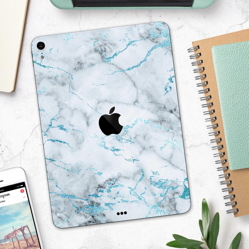 Marble & Digital Blue Frosted Foil V4 - Full Body Skin Decal for the Apple iPad Pro 12.9", 11", 10.5", 9.7", Air or Mini (All Models Available)