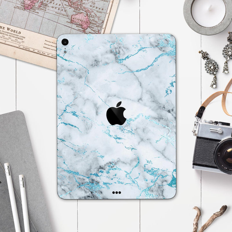 Marble & Digital Blue Frosted Foil V4 - Full Body Skin Decal for the Apple iPad Pro 12.9", 11", 10.5", 9.7", Air or Mini (All Models Available)