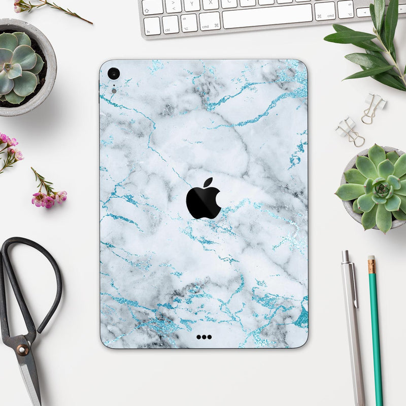 Marble & Digital Blue Frosted Foil V4 - Full Body Skin Decal for the Apple iPad Pro 12.9", 11", 10.5", 9.7", Air or Mini (All Models Available)