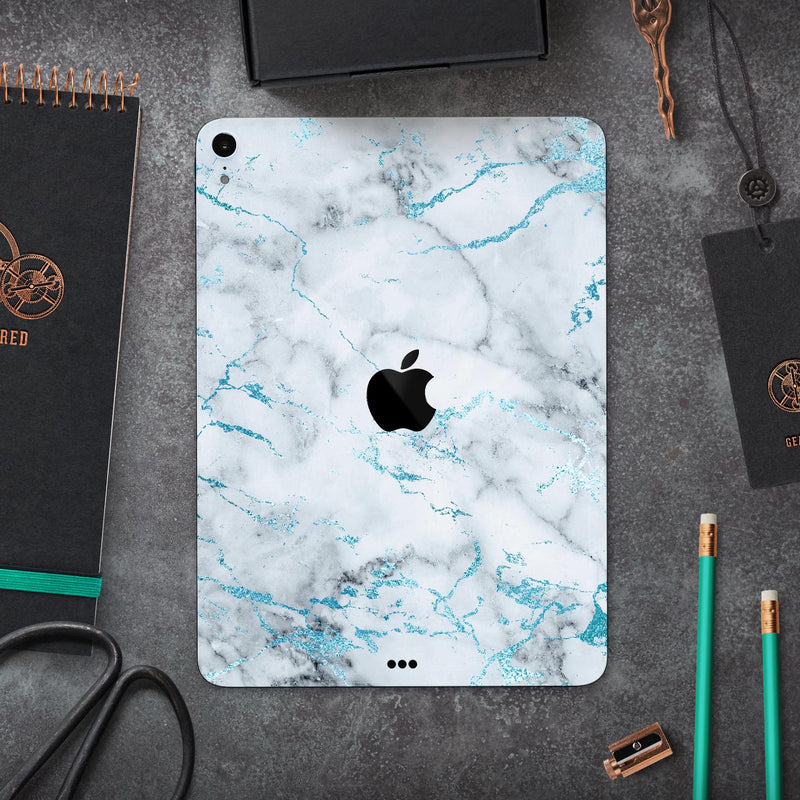 Marble & Digital Blue Frosted Foil V4 - Full Body Skin Decal for the Apple iPad Pro 12.9", 11", 10.5", 9.7", Air or Mini (All Models Available)