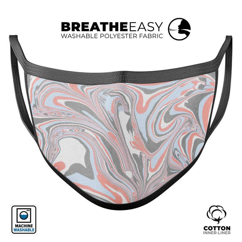 Marbleized Swirling Coral and Gray v92 - Made in USA Mouth Cover Unisex Anti-Dust Cotton Blend Reusable & Washable Face Mask with Adjustable Sizing for Adult or Child