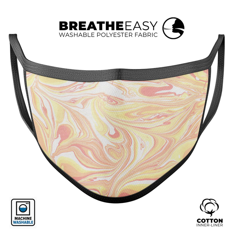 Marbleized Swirling Coral and Yellow - Made in USA Mouth Cover Unisex Anti-Dust Cotton Blend Reusable & Washable Face Mask with Adjustable Sizing for Adult or Child