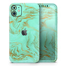 Mint Marble & Digital Gold Foil V12 - Vinyl Skin Wrap for iPhone 17 Pro Max, 17 Pro, 17 Air, 17, 16 & All Models — Soft Matte or Ultra Gloss