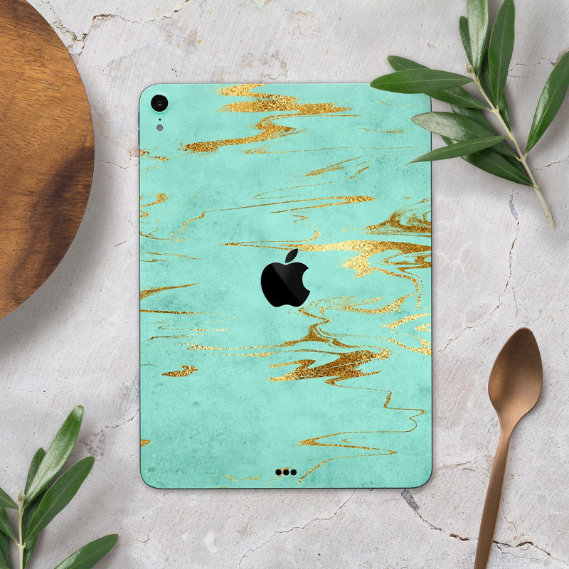 Mint Marble & Digital Gold Foil V2 - Full Body Skin Decal for the Apple iPad Pro 12.9", 11", 10.5", 9.7", Air or Mini (All Models Available)
