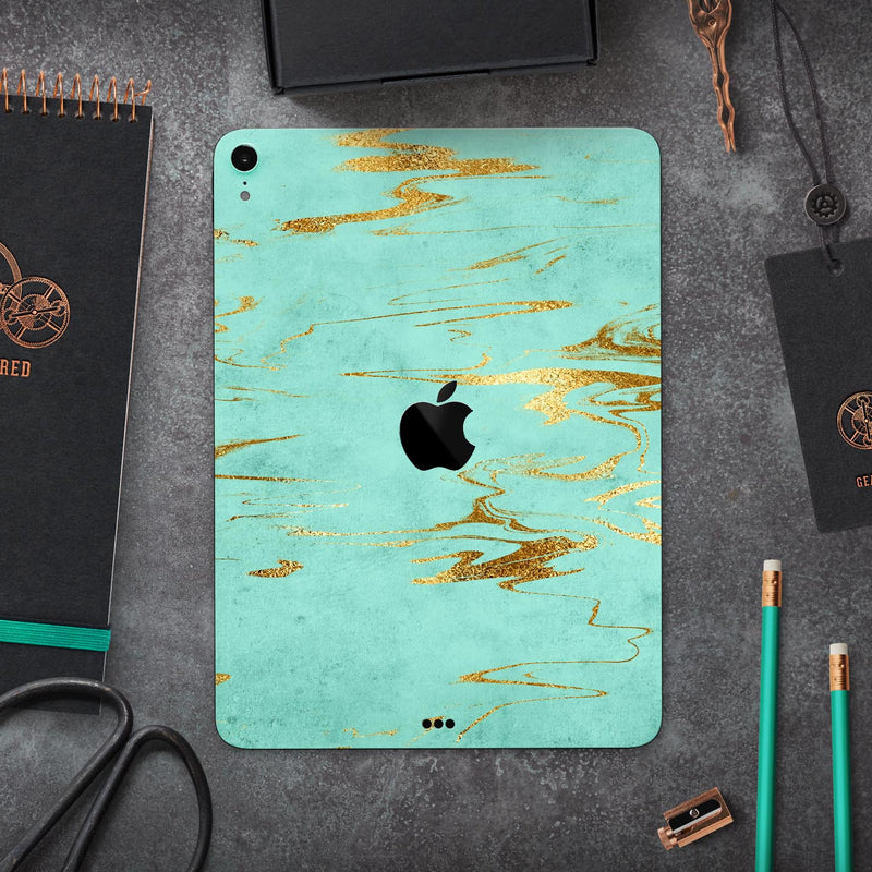 Mint Marble & Digital Gold Foil V2 - Full Body Skin Decal for the Apple iPad Pro 12.9", 11", 10.5", 9.7", Air or Mini (All Models Available)