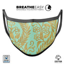 Mint and Gold Floral v9 - Made in USA Mouth Cover Unisex Anti-Dust Cotton Blend Reusable & Washable Face Mask with Adjustable Sizing for Adult or Child