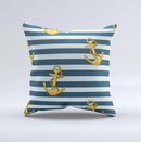 Navy Striped with Gold Anchors Ink-Fuzed Decorative Throw Pillow