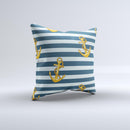 Navy Striped with Gold Anchors Ink-Fuzed Decorative Throw Pillow
