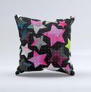 Neon Highlighted Polka Stars On Black ink-Fuzed Decorative Throw Pillow