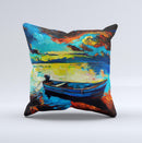 Oil Pastel of Boat on the Shore ink-Fuzed Decorative Throw Pillow