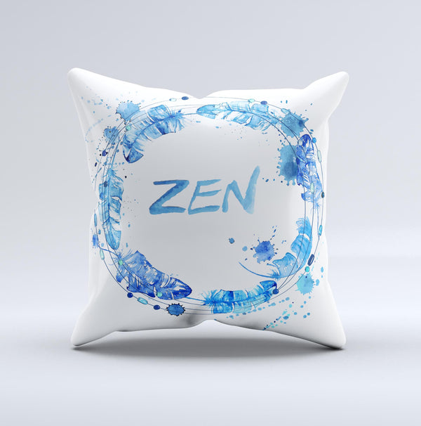 The Abstract Watercolor Blue Feather Circle ink-Fuzed Decorative Throw Pillow