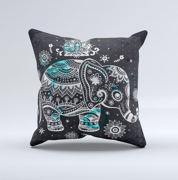 Aztec Elephant Blue Accented Modern Illustration  Ink-Fuzed Decorative Throw Pillow