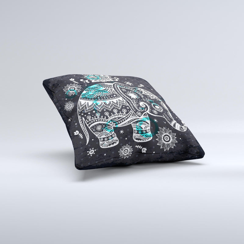 Aztec Elephant Blue Accented Modern Illustration  Ink-Fuzed Decorative Throw Pillow