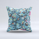 Blue and Black Branches with Abstract Big Eyed Owls Ink-Fuzed Decorative Throw Pillow