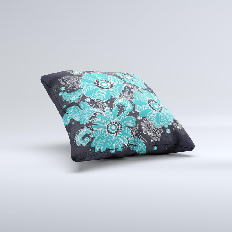 Bright Blue Accented Flower Illustration  Ink-Fuzed Decorative Throw Pillow