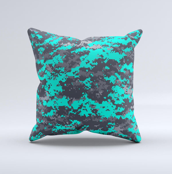 Bright Teal and Gray Digital Camouflage  Ink-Fuzed Decorative Throw Pillow