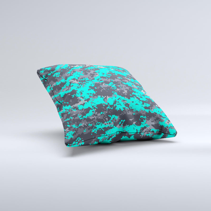 Bright Teal and Gray Digital Camouflage  Ink-Fuzed Decorative Throw Pillow