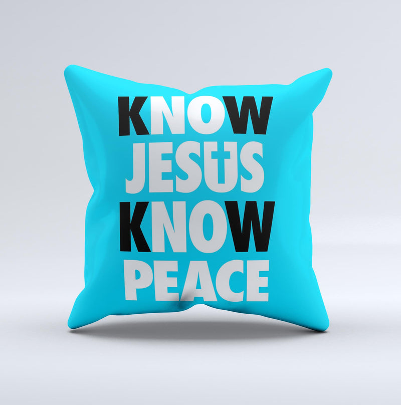 Know Jesus Know Peace - White and Black Over Blue  Ink-Fuzed Decorative Throw Pillow