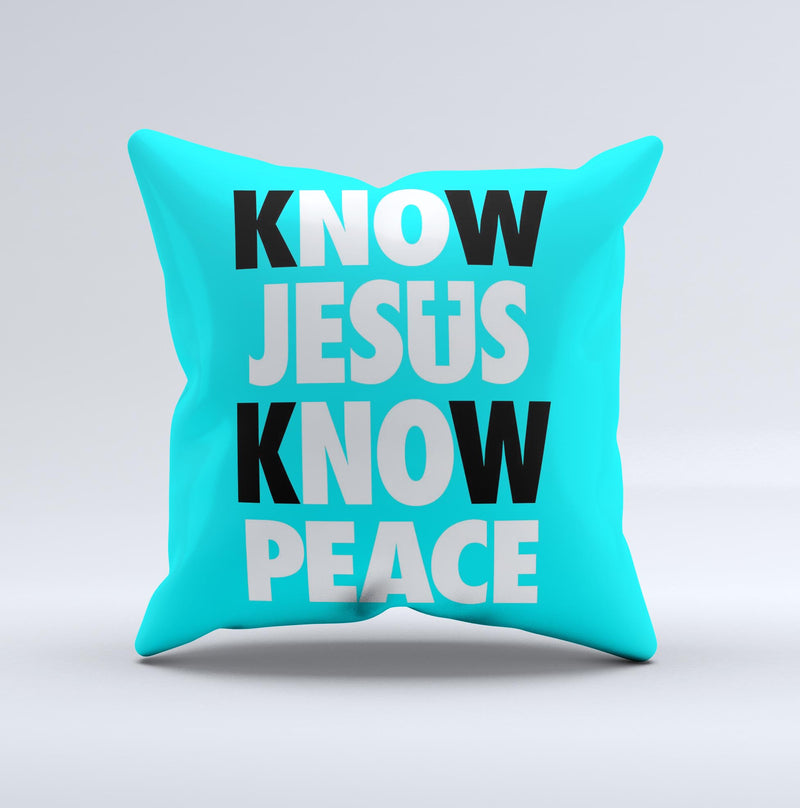 Know Jesus Know Peace - White and Black Over Light Blue  Ink-Fuzed Decorative Throw Pillow