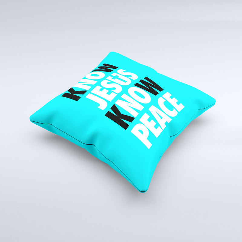 Know Jesus Know Peace - White and Black Over Light Blue  Ink-Fuzed Decorative Throw Pillow