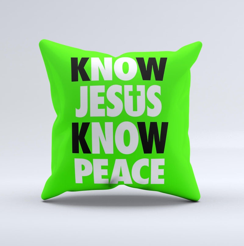 Know Jesus Know Peace - White and Black Over Lime Green  Ink-Fuzed Decorative Throw Pillow