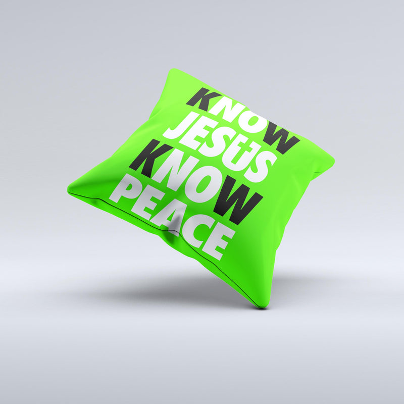 Know Jesus Know Peace - White and Black Over Lime Green  Ink-Fuzed Decorative Throw Pillow