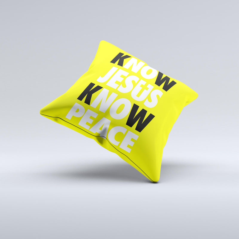 Know Jesus Know Peace - White and Black Over Yellow  Ink-Fuzed Decorative Throw Pillow