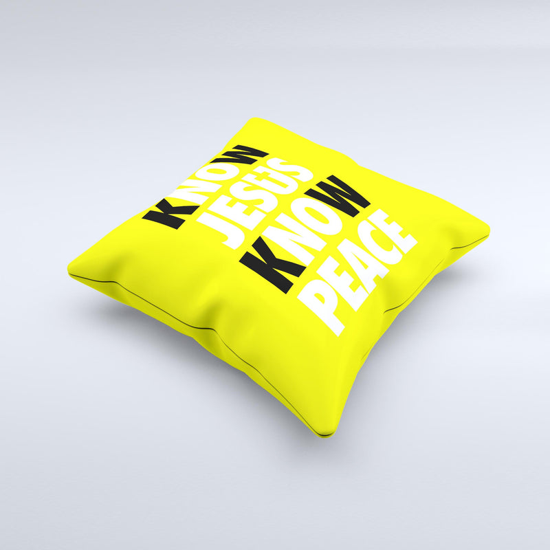 Know Jesus Know Peace - White and Black Over Yellow  Ink-Fuzed Decorative Throw Pillow