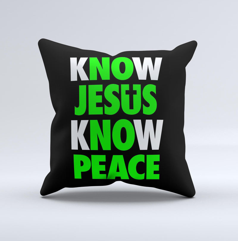 Know Jesus Know Peace - White and Lime Green Over Black  Ink-Fuzed Decorative Throw Pillow