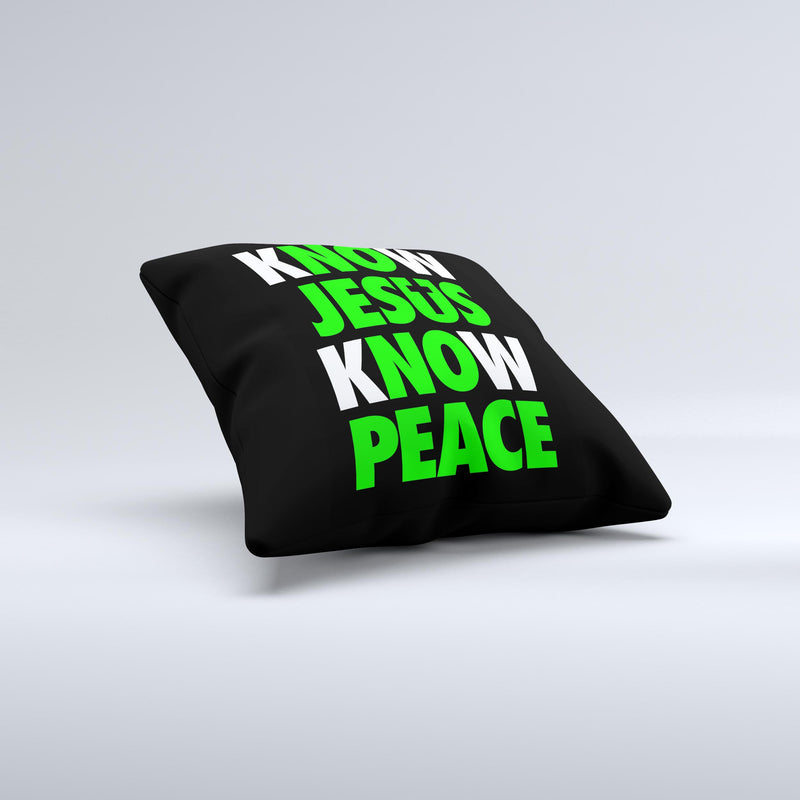 Know Jesus Know Peace - White and Lime Green Over Black  Ink-Fuzed Decorative Throw Pillow