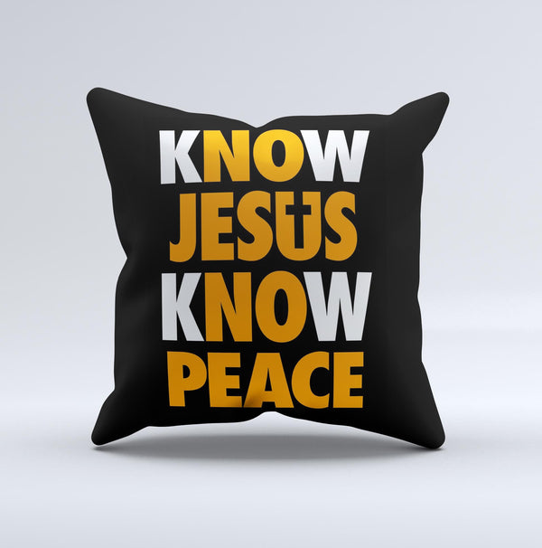Know Jesus Know Peace - White and Orange Over Black  Ink-Fuzed Decorative Throw Pillow