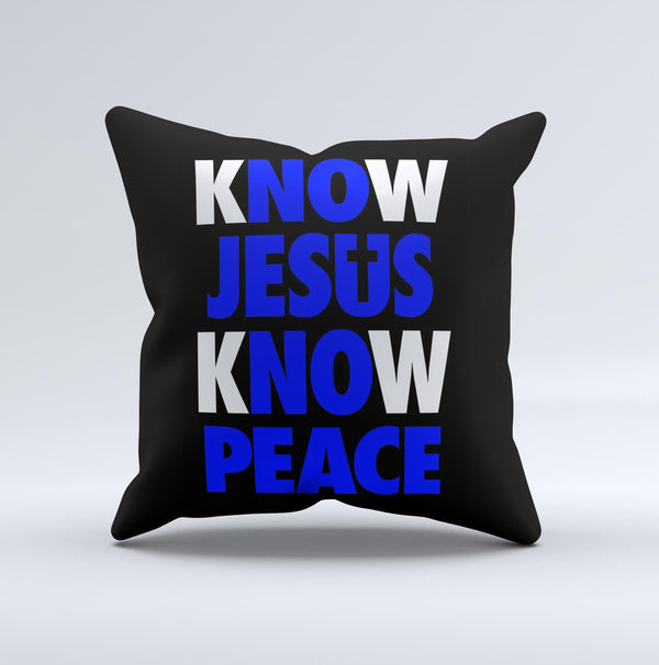 Know Jesus Know Peace - White and Royal Blue Over Black  Ink-Fuzed Decorative Throw Pillow