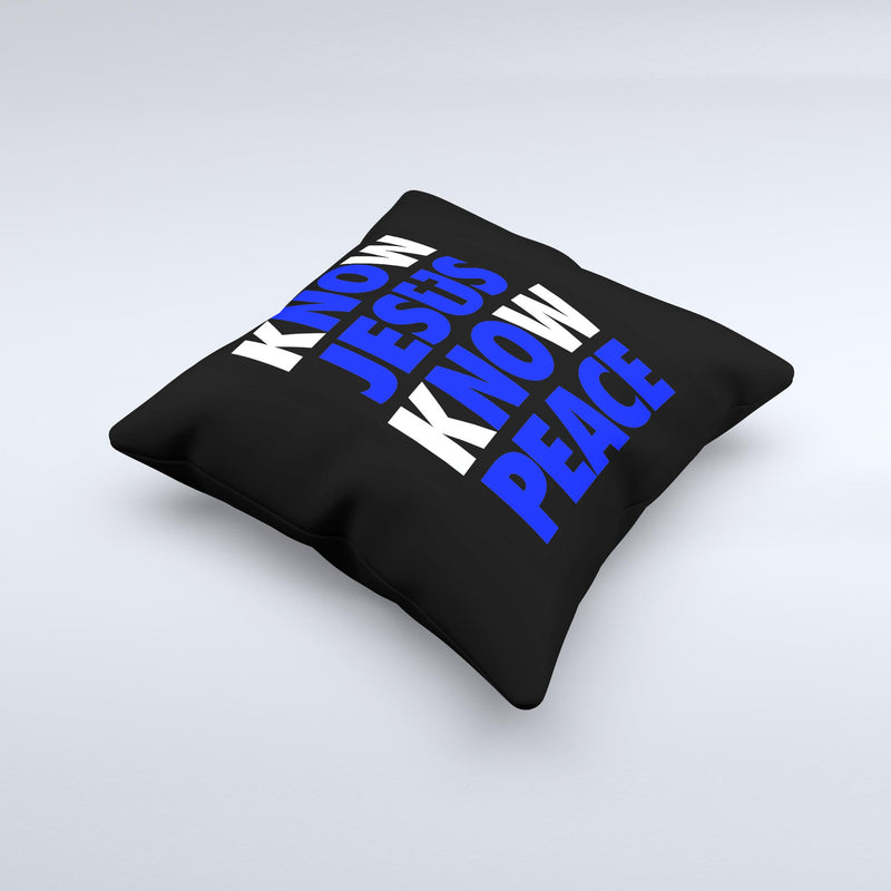 Know Jesus Know Peace - White and Royal Blue Over Black  Ink-Fuzed Decorative Throw Pillow
